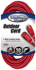 Southwire - 50', 14/3 Gauge/Conductors, Red Indoor & Outdoor Extension Cord - 1 Receptacle, 15 Amps, 125 VAC, UL SJTW, NEMA 5-15P, 5-15R - Industrial Tool & Supply
