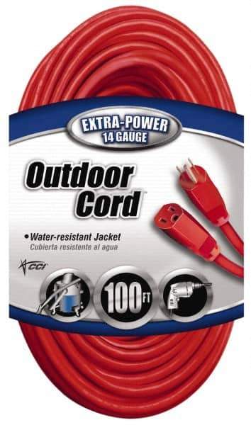 Southwire - 100', 14/3 Gauge/Conductors, Red Indoor & Outdoor Extension Cord - 1 Receptacle, 13 Amps, 125 VAC, UL SJTW, NEMA 5-15P, 5-15R - Industrial Tool & Supply