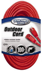 Southwire - 100', 14/3 Gauge/Conductors, Red Indoor & Outdoor Extension Cord - 1 Receptacle, 13 Amps, 125 VAC, UL SJTW, NEMA 5-15P, 5-15R - Industrial Tool & Supply