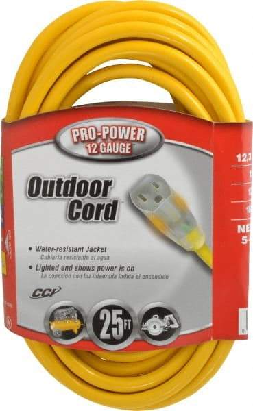 Southwire - 25', 12/3 Gauge/Conductors, Yellow Indoor & Outdoor Extension Cord - 1 Receptacle, 15 Amps, 125 VAC, UL SJTW, NEMA 5-15P, 5-15R - Industrial Tool & Supply