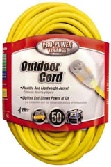 Southwire - 50', 12/3 Gauge/Conductors, Yellow Indoor & Outdoor Extension Cord - 1 Receptacle, 15 Amps, 125 VAC, UL SJTW, NEMA 5-15P, 5-15R - Industrial Tool & Supply