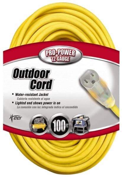 Southwire - 100', 12/3 Gauge/Conductors, Yellow Indoor & Outdoor Extension Cord - 1 Receptacle, 15 Amps, 125 VAC, UL SJTW, NEMA 5-15P, 5-15R - Industrial Tool & Supply