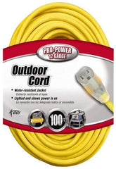 Southwire - 100', 12/3 Gauge/Conductors, Yellow Indoor & Outdoor Extension Cord - 1 Receptacle, 15 Amps, 125 VAC, UL SJTW, NEMA 5-15P, 5-15R - Industrial Tool & Supply