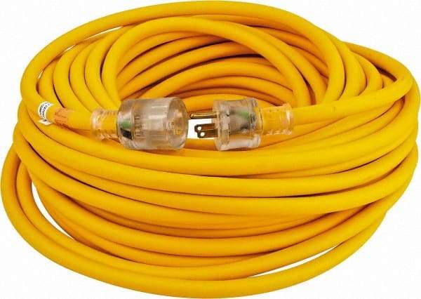 Southwire - 100', 14/3 Gauge/Conductors, Yellow Outdoor Extension Cord - 1 Receptacle, 13 Amps, 125 VAC, UL SEOOW, NEMA 5-15P, 5-15R - Industrial Tool & Supply