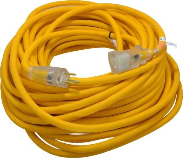 Southwire - 100', 12/3 Gauge/Conductors, Yellow Outdoor Extension Cord - 1 Receptacle, 15 Amps, 125 VAC, UL SJEOOW, NEMA 5-15P, 5-15R - Industrial Tool & Supply