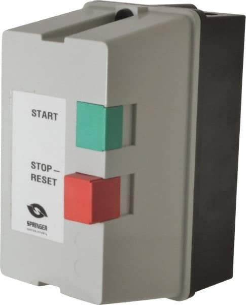Springer - 32 Amp, 120 Coil VAC, 60 Hz, Nonreversible Enclosed IEC Motor Starter - Pushbutton Start Stop, 3 Phase Hp: 10 at 230 Volt, 20 at 460 Volt, 25 at 575 Volt - Industrial Tool & Supply
