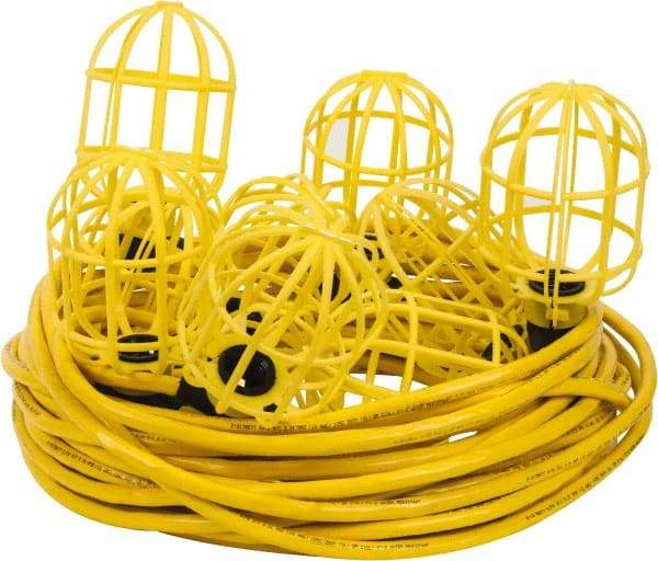 Value Collection - 10 Socket, 4 Conductor, 125 VAC, 15 Amp, Temporary String Light - 100' SJTW-A Cord, Yellow, Plastic, Includes Lamp Guard - Industrial Tool & Supply