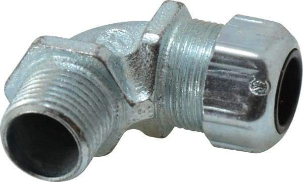 Thomas & Betts - 0.45 to 0.56" Cable Capacity, Liquidtight, Elbow Strain Relief Cord Grip - 1/2 NPT Thread, Iron - Industrial Tool & Supply