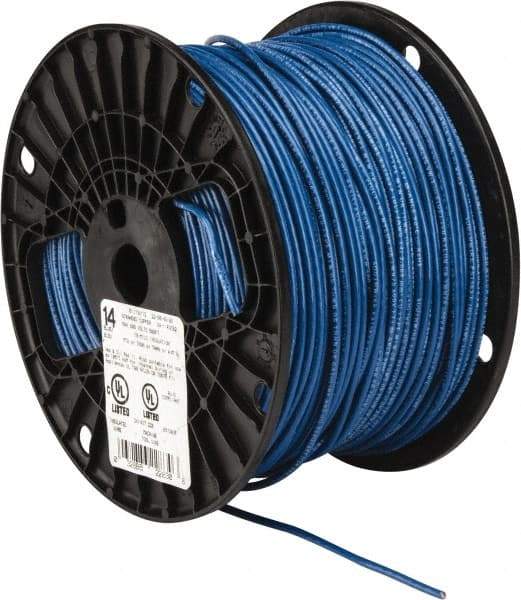 Southwire - THHN/THWN, 14 AWG, 15 Amp, 500' Long, Stranded Core, 19 Strand Building Wire - Blue, Thermoplastic Insulation - Industrial Tool & Supply