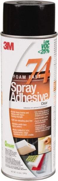 3M - 24 oz Aerosol Clear Spray Adhesive - High Tack, 200°F Heat Resistance, 50 Sq Ft Coverage, Medium Strength Bond, 30 min Max Bonding Time, Flammable, Series 74 - Industrial Tool & Supply