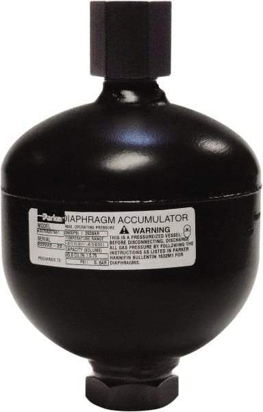 Parker - 45 Lb. Capacity, 3,620 psi Max Working Pressure, 6.65" High, Hydrin Diaphragm Accumulator - 4.87" Diam, 8 SAE Port Thread - Industrial Tool & Supply