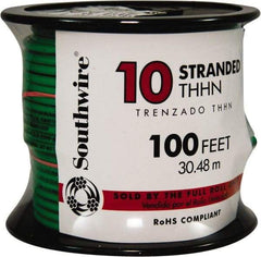 Southwire - THHN/THWN, 10 AWG, 30 Amp, 100' Long, Stranded Core, 19 Strand Building Wire - Green, Thermoplastic Insulation - Industrial Tool & Supply