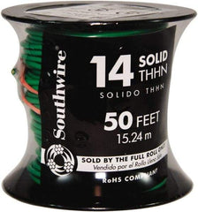 Southwire - THHN/THWN, 14 AWG, 15 Amp, 50' Long, Solid Core, 1 Strand Building Wire - Green, Thermoplastic Insulation - Industrial Tool & Supply