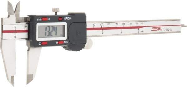 SPI - 0 to 6" Range 0.0005" Resolution, IP54 Electronic Caliper - Stainless Steel with 1.56" Stainless Steel Jaws, 0.001" Accuracy, USB Output - Industrial Tool & Supply