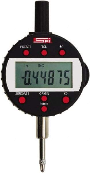 SPI - 0 to 1/2" Range, 0.00005" Graduation, Electronic Drop Indicator - Flat & Center Lug Back, Accurate to 0.00016", English & Metric System, LCD Display - Industrial Tool & Supply