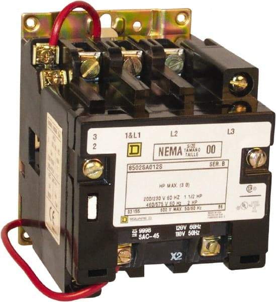 Square D - 2 Pole, 220 Coil VAC at 50 Hz, 240 Coil VAC at 60 Hz, 18 Amp NEMA Contactor - Open Enclosure, 50 Hz at 220 VAC and 60 Hz at 240 VAC - Industrial Tool & Supply
