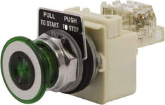 Schneider Electric - 30mm Mount Hole, Extended Straight, Pushbutton Switch with Contact Block - Green Pushbutton, Maintained (MA) - Industrial Tool & Supply