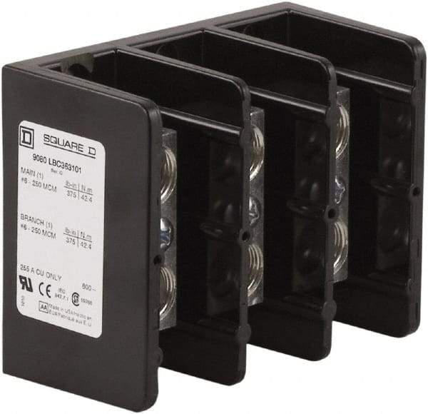 Square D - 3 Poles, 255 (Copper) Amp, Phenolic Power Distribution Block - 600 VAC, 1 Primary Connection - Industrial Tool & Supply