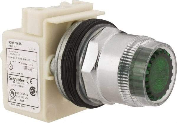 Schneider Electric - 1.18 Inch Mount Hole, Extended Straight, Pushbutton Switch Only - Round, Green Pushbutton, Illuminated, Momentary (MO), Weatherproof, Dust and Oil Resistant - Industrial Tool & Supply