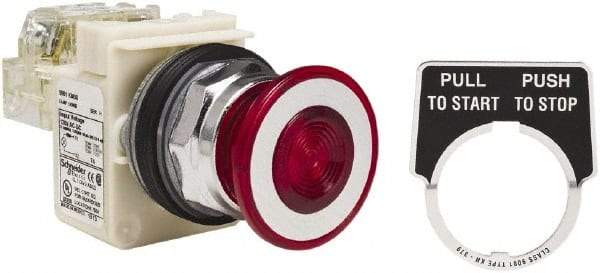Schneider Electric - 30mm Mount Hole, Extended Straight, Pushbutton Switch with Contact Block - Red Pushbutton, Maintained (MA) - Industrial Tool & Supply