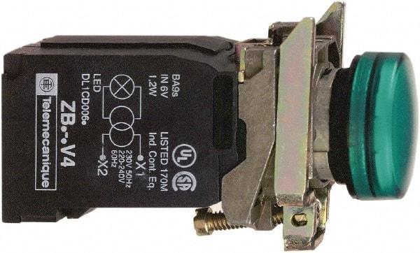 Schneider Electric - 110-120 VAC at 50/60 Hz Green Lens Incandescent Pilot Light - Round Lens, Screw Clamp Connector, 30mm Wide, Vibration Resistant, Water Resistant - Industrial Tool & Supply