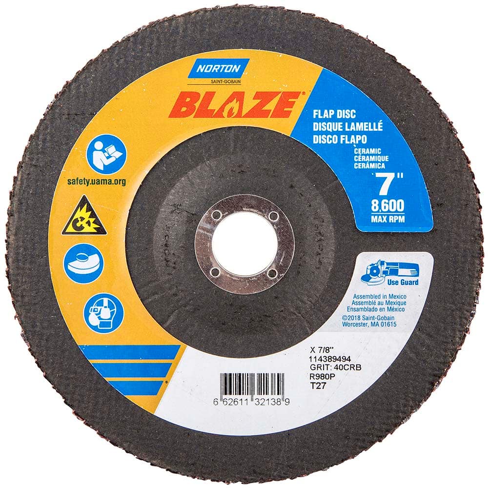 Norton - 7" 40 Grit 7/8" Center Hole Type 27 Ceramic Alumina Flap Disc - Industrial Tool & Supply