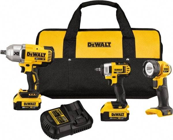 DeWALT - 20 Volt Cordless Tool Combination Kit - Includes 1/2" Impact Wrench, 3/8" Impact Driver & LED Worklight, Lithium-Ion Battery Included - Industrial Tool & Supply