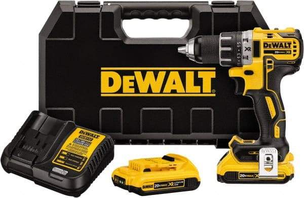 DeWALT - 20 Volt 1/2" Chuck Mid-Handle Cordless Drill - 0-500 & 0-2000 RPM, Keyless Chuck, Reversible, 2 Lithium-Ion Batteries Included - Industrial Tool & Supply