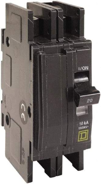 Square D - 20 Amp, 120/240 VAC, 2 Pole, DIN Rail Mounted, Flush Mount, Surface Mount Miniature Circuit Breaker - Thermal Magnetic Trip, 10 kA at 120/240 VAC Breaking Capacity, 14-2 (Aluminum), 14-2 (Copper) AWG, 74mm Deep x 103mm High x 19mm Wide - Industrial Tool & Supply