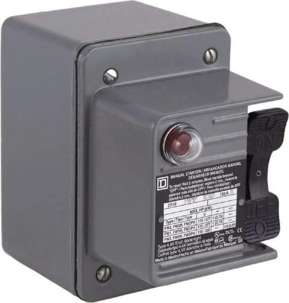 Square D - 1 Pole, 16 Amp, NEMA, Enclosed Toggle Manual Motor Starter - 1 hp at 115 VAC, 1 hp at 230 VAC, 1 hp at 277 VAC, CE, CSA, NEMA 4 & UL Listed - Industrial Tool & Supply