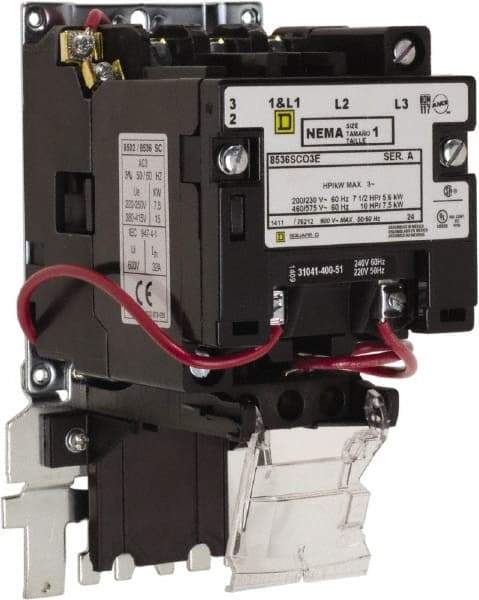 Square D - 600 Coil VAC, 27 Amp, NEMA Size 1, Open Enclosure NEMA Motor Starter - 1 Phase hp: 7 1/2 at 200 Volt, 7 1/2 at 230 Volt, 3 Phase hp: 10 at 460 Volt, 10 at 575 Volt - Industrial Tool & Supply