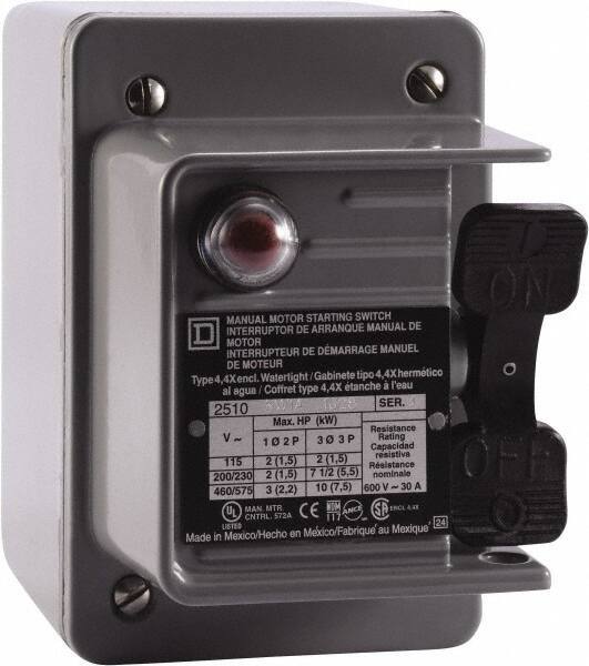 Square D - 3 Poles, 30 Amp, NEMA, Enclosed Toggle Manual Motor Starter - 1 hp at 90 VDC, 10 hp at 460 VAC, 10 hp at 575 VAC, 1-1/2 hp at 230 VDC, 2 hp at 115 VAC, 2 hp at 115 VDC & 7-1/2 hp at 230 VAC, CE, CSA, NEMA 4 & UL Listed - Industrial Tool & Supply