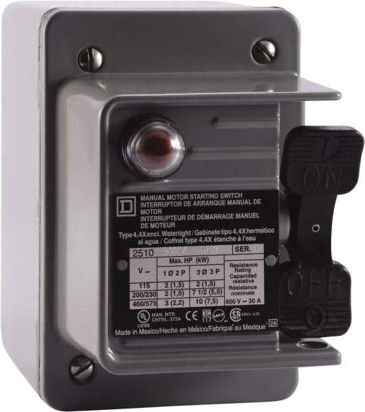 Square D - 2 Poles, 30 Amp, NEMA, Enclosed Toggle Manual Motor Starter - 1 hp at 90 VDC, 1-1/2 hp at 230 VDC, 2 hp at 115 VAC, 2 hp at 115 VDC, 2 hp at 230 VAC, 3 hp at 460 VAC & 3 hp at 575 VAC, CE, CSA, NEMA 4 & UL Listed - Industrial Tool & Supply