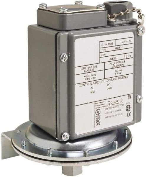 Square D - 4, 13 and 4X NEMA Rated, SPDT, 0.2 to 10 psi, Vacuum Switch Pressure and Level Switch - Adjustable Pressure, 120 VAC, 125 VDC, 240 VAC, 250 VDC, Screw Terminal - Industrial Tool & Supply