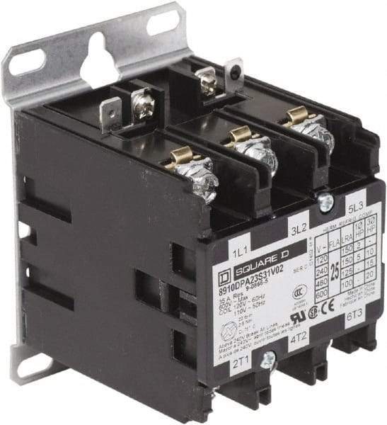 Square D - 3 Pole, 25 Amp Inductive Load, Definite Purpose Contactor - 35 Amp Resistive Rating - Industrial Tool & Supply