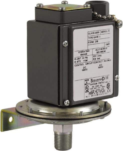 Square D - 4, 13 and 4X NEMA Rated, SPDT, 0.2 to 10 psi, Vacuum Switch Pressure and Level Switch - Adjustable Pressure, 120 VAC, 125 VDC, 240 VAC, 250 VDC, Screw Terminal - Industrial Tool & Supply