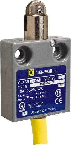 Square D - SPDT, NC/NO, 240 VAC, Prewired Terminal, Roller Plunger Actuator, General Purpose Limit Switch - 1 NEMA Rating, IP20 IPR Rating, 18 Ounce Operating Force - Industrial Tool & Supply