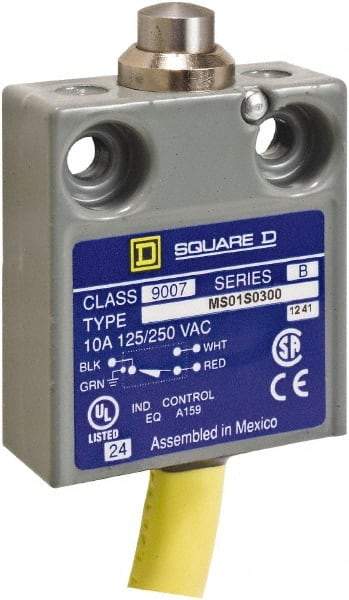 Square D - SPDT, NC/NO, Prewired Terminal, Plunger Actuator, General Purpose Limit Switch - 1, 2, 4, 6, 6P NEMA Rating, IP67 IPR Rating, 80 Ounce Operating Force - Industrial Tool & Supply