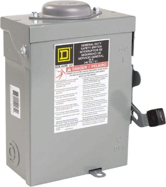 Square D - 30 Amp, 240 VAC, 2 Pole Nonfused Safety Switch - NEMA 3R, 1 & 3 Phase, 10 hp at 240 VAC (Single Phase), 15 hp at 240 VAC (Triple Phase) - Industrial Tool & Supply