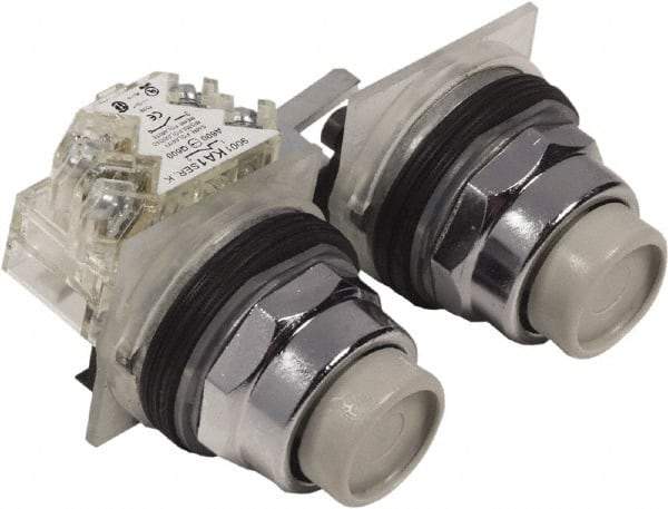 Schneider Electric - 30mm Mount Hole, Extended Straight, Pushbutton Switch with Contact Block - Multicolored Pushbutton, Maintained (MA) - Industrial Tool & Supply