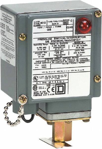 Square D - 4, 13 and 4X NEMA Rated, SPDT, 1.5 to 75 psi, Electromechanical Pressure and Level Switch - Fixed Pressure, 120 VAC at 6 Amp, 125 VDC at 0.22 Amp, 240 VAC at 3 Amp, 250 VDC at 0.27 Amp, 1/4 Inch Connector, Screw Terminal, For Use with 9012G - Industrial Tool & Supply