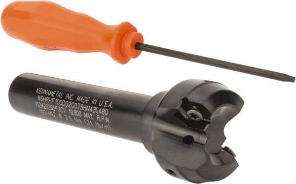 Kennametal - 1.518" Cut Diam, 0.064" Max Depth, 3/4" Shank Diam, Cylindrical Shank Indexable High-Feed End Mill - Screw Holding Method, HNGJ0604ANENLD Insert, KSHR Toolholder, Through Coolant - Industrial Tool & Supply