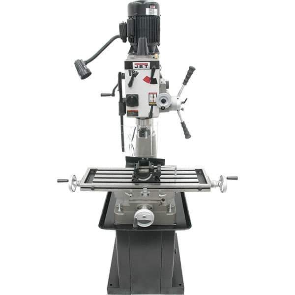 Jet - 1 Phase, 20-1/2" Swing, Geared Head Mill Drill Combination - 32-1/4" Table Length x 9-1/2" Table Width, 20-1/2" Longitudinal Travel, 8-1/4" Cross Travel, 6 Spindle Speeds, 1.5 hp, 115/230 Volts - Industrial Tool & Supply