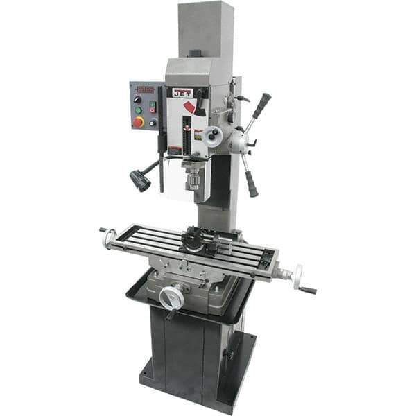 Jet - 3 Phase, 19-11/16" Swing, Geared Head Mill Drill Combination - 32-1/4" Table Length x 9-1/2" Table Width, 20-1/2" Longitudinal Travel, 8-1/4" Cross Travel, Variable Spindle Speeds, 1.5 hp, 230 Volts - Industrial Tool & Supply