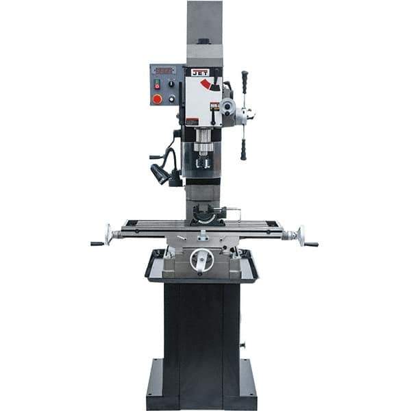 Jet - 3 Phase, 19-11/16" Swing, Geared Head Mill Drill Combination - 32-1/4" Table Length x 9-1/2" Table Width, 20-1/2" Longitudinal Travel, 8-1/4" Cross Travel, Variable Spindle Speeds, 1.5 hp, 230 Volts - Industrial Tool & Supply