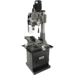 Jet - 1 Phase, 19-11/16" Swing, Geared Head Mill Drill Combination - 32-1/4" Table Length x 9-1/2" Table Width, 20-1/2" Longitudinal Travel, 8-1/4" Cross Travel, 6 Spindle Speeds, 1.5 hp, 115/230 Volts - Industrial Tool & Supply