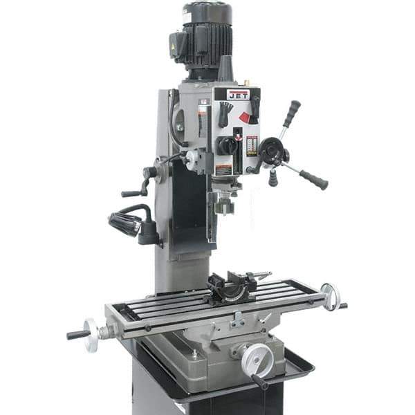 Jet - 1 Phase, 19-11/16" Swing, Geared Head Mill Drill Combination - 32-1/4" Table Length x 9-1/2" Table Width, 20-1/2" Longitudinal Travel, 8-1/4" Cross Travel, 6 Spindle Speeds, 1.5 hp, 115/230 Volts - Industrial Tool & Supply