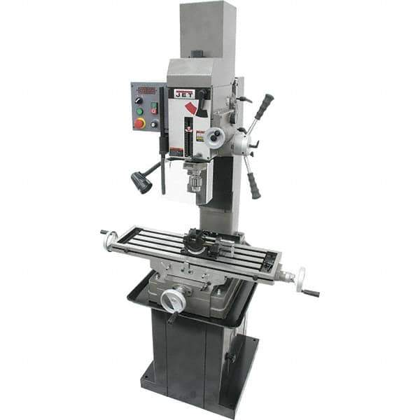 Jet - 3 Phase, 19-11/16" Swing, Geared Head Mill Drill Combination - 32-1/4" Table Length x 9-1/2" Table Width, 20-1/2" Longitudinal Travel, 8-1/4" Cross Travel, Variable Spindle Speeds, 1.5 hp, 230 Volts - Industrial Tool & Supply