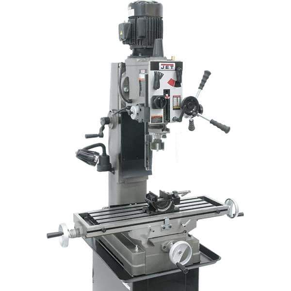Jet - 3 Phase, 19-11/16" Swing, Geared Head Mill Drill Combination - 32-1/4" Table Length x 9-1/2" Table Width, 20-1/2" Longitudinal Travel, 8-1/4" Cross Travel, Variable Spindle Speeds, 1.5 hp, 230 Volts - Industrial Tool & Supply
