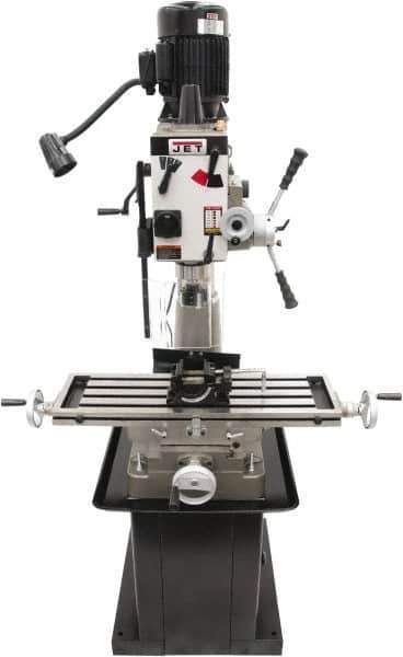 Jet - 1 Phase, 20-1/2" Swing, Geared Head Mill Drill Combination - 32-1/4" Table Length x 9-1/2" Table Width, 20-1/2" Longitudinal Travel, 8-1/4" Cross Travel, 6 Spindle Speeds, 1.5 hp, 115/230 Volts - Industrial Tool & Supply
